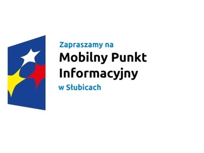 Logo w kształcie pionowo ustawionego rombu z trzema gwiazdkami wpisanymi w ten romb. Romb jest ciemnoniebieski, a gwiazdki są żółta, biała i czerwona. Do tego napis Zapraszamy na Mobilny Punkt Informacyjny w Słubicach