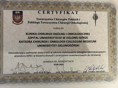 Certyfikat dla Szpitala Uniwersyteckiego w Zielonej Górze za spełnianie wytycznych dot. 𝘇𝗮𝗯𝗶𝗲𝗴𝗼́𝘄 𝗰𝘆𝘁𝗼𝗿𝗲𝗱𝘂𝗸𝗰𝘆𝗷𝗻𝘆𝗰𝗵 𝗶 𝗽𝗿𝗼𝗰𝗲𝗱𝘂𝗿𝘆 𝗛𝗜𝗣𝗘𝗖  