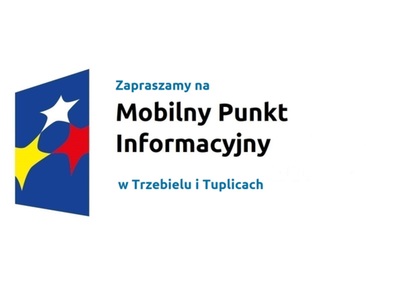 Logo w kształcie pionowo ustawionego rombu z trzema gwiazdkami wpisanymi w ten romb. Romb jest ciemnoniebieski, a gwiazdki są żółta, biała i czerwona. Do tego napis Zapraszamy na Mobilny Punkt Informacyjny w Trzebielu i Tuplicach.
