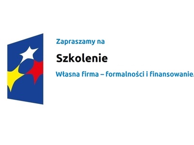 Logo w kształcie pionowo ustawionego rombu z trzema gwiazdkami wpisanymi w ten romb. Romb jest ciemnoniebieski, a gwiazdki są żółta, biała i czerwona. Do tego napis Zapraszamy na szkolenie, własna firma: formalności i finansowanie.
