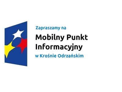 Logo w kształcie pionowo ustawionego rombu z trzema gwiazdkami wpisanymi w ten romb. Romb jest ciemnoniebieski, a gwiazdki są żółta, biała i czerwona. Do tego napis Zapraszamy na Mobilny Punkt Informacyjny w Krośnie Odrzańskim