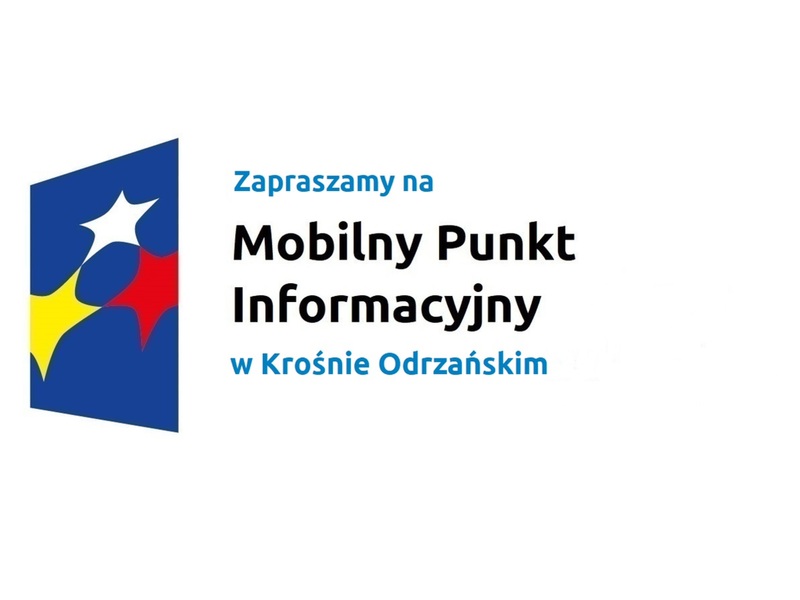 Logo w kształcie pionowo ustawionego rombu z trzema gwiazdkami wpisanymi w ten romb. Romb jest ciemnoniebieski, a gwiazdki są żółta, biała i czerwona. Do tego napis Zapraszamy na Mobilny Punkt Informacyjny w Krośnie Odrzańskim