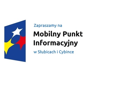 Logo w kształcie pionowo ustawionego rombu z trzema gwiazdkami wpisanymi w ten romb. Romb jest ciemnoniebieski, a gwiazdki są żółta, biała i czerwona. Do tego napis Zapraszamy na Mobilny Punkt Informacyjny w Słubicach i Cybince