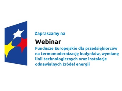 Logo w kształcie pionowo ustawionego rombu z trzema gwiazdkami wpisanymi w ten romb. Romb jest ciemnoniebieski, a gwiazdki są żółta, biała i czerwona. Do tego napis Zapraszamy na Webinar, Fundusze Europejskie dla przedsiębiorców na termomodernizację budynków, wymianę linii technologicznych oraz instalacje odnawialnych źródeł energii