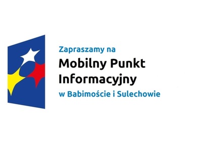 Logo w kształcie pionowo ustawionego rombu z trzema gwiazdkami wpisanymi w ten romb. Romb jest ciemnoniebieski, a gwiazdki są żółta, biała i czerwona. Do tego napis Zapraszamy na Mobilny Punkt Informacyjny w Babimoście i Slechowie