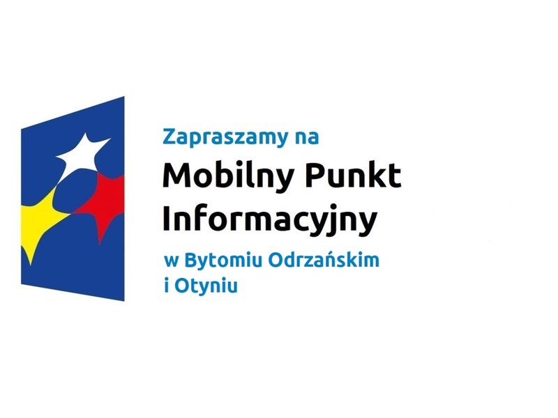 Logo w kształcie pionowo ustawionego rombu z trzema gwiazdkami wpisanymi w ten romb. Romb jest ciemnoniebieski, a gwiazdki są żółta, biała i czerwona. Do tego napis Zapraszamy na Mobilny Punkt Informacyjny w Bytomiu Odrzańskim i Otyniu.