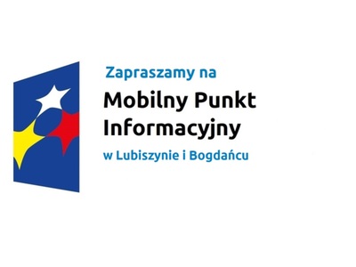 Logo w kształcie pionowo ustawionego rombu z trzema gwiazdkami wpisanymi w ten romb. Romb jest ciemnoniebieski, a gwiazdki są żółta, biała i czerwona. Do tego napis Zapraszamy na Mobilny Punkt Informacyjny w Lubiszynie i Bogdańcu.