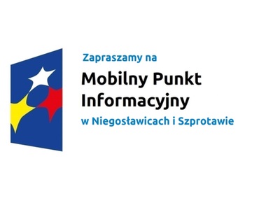 Logo w kształcie pionowo ustawionego rombu z trzema gwiazdkami wpisanymi w ten romb. Romb jest ciemnoniebieski, a gwiazdki są żółta, biała i czerwona. Do tego napis Zapraszamy na Mobilny Punkt Informacyjny w Niegosławicach i Szprotawie