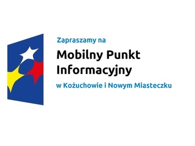 Logo w kształcie pionowo ustawionego rombu z trzema gwiazdkami wpisanymi w ten romb. Romb jest ciemnoniebieski, a gwiazdki są żółta, biała i czerwona. Do tego napis Zapraszamy na Mobilny Punkt Informacyjny Kożuchowie i Nowym Miasteczku.