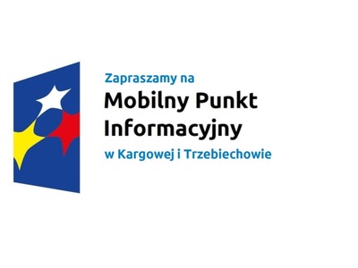 Logo w kształcie pionowo ustawionego rombu z trzema gwiazdkami wpisanymi w ten romb. Romb jest ciemnoniebieski, a gwiazdki są żółta, biała i czerwona. Do tego napis Zapraszamy na Mobilny Punkt Informacyjny Kargowej i Trzebiechowie.
