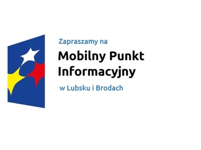 Logo w kształcie pionowo ustawionego rombu z trzema gwiazdkami wpisanymi w ten romb. Romb jest ciemnoniebieski, a gwiazdki są żółta, biała i czerwona. Do tego napis Zapraszamy na Mobilny Punkt Informacyjny w Lubsku i Brodach.