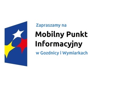 Logo w kształcie pionowo ustawionego rombu z trzema gwiazdkami wpisanymi w ten romb. Romb jest ciemnoniebieski, a gwiazdki są żółta, biała i czerwona. Do tego napis Zapraszamy na Mobilny Punkt Informacyjny w Gozdnicy i Wymiarkach.