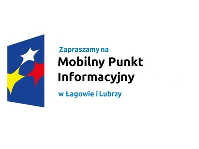 Logo w kształcie pionowo ustawionego rombu z trzema gwiazdkami wpisanymi w ten romb. Romb jest ciemnoniebieski, a gwiazdki są żółta, biała i czerwona. Do tego napis Zapraszamy na Mobilny Punkt Informacyjny w Łagowie i Lubrzy.