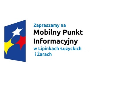 Logo w kształcie pionowo ustawionego rombu z trzema gwiazdkami wpisanymi w ten romb. Romb jest ciemnoniebieski, a gwiazdki są żółta, biała i czerwona. Do tego napis Zapraszamy na Mobilny Punkt Informacyjny w Żarach i Lipinkach Łużyckich