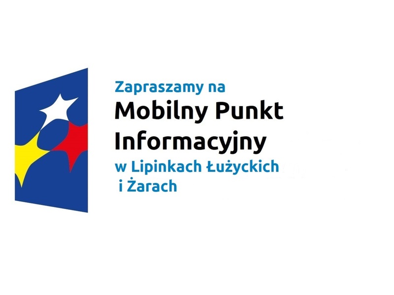 Logo w kształcie pionowo ustawionego rombu z trzema gwiazdkami wpisanymi w ten romb. Romb jest ciemnoniebieski, a gwiazdki są żółta, biała i czerwona. Do tego napis Zapraszamy na Mobilny Punkt Informacyjny w Żarach i Lipinkach Łużyckich