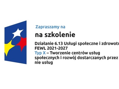 Logo w kształcie pionowo ustawionego rombu z trzema gwiazdkami wpisanymi w ten romb. Romb jest ciemnoniebieski, a gwiazdki są żółta, biała i czerwona. Do tego napis Zapraszamy na szkolenie dotyczące działania 6.13