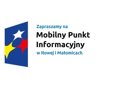 Logo w kształcie pionowo ustawionego rombu z trzema gwiazdkami wpisanymi w ten romb. Romb jest ciemnoniebieski, a gwiazdki są żółta, biała i czerwona. Do tego napis Zapraszamy na Mobilny Punkt Informacyjny w Iłowej i Małomicach