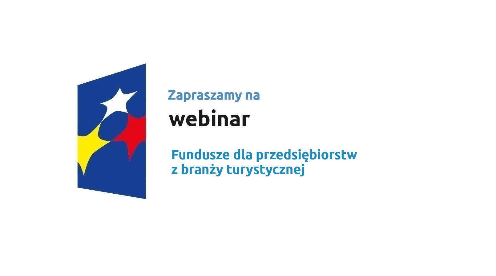 Logo w kształcie pionowo ustawionego rombu z trzema gwiazdkami wpisanymi w ten romb. Romb jest ciemnoniebieski, a gwiazdki są żółta, biała i czerwona. Do tego napis zapraszający na webinar.