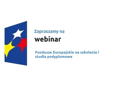 Logo w kształcie pionowo ustawionego rombu z trzema gwiazdkami wpisanymi w ten romb. Romb jest ciemnoniebieski, a gwiazdki są żółta, biała i czerwona. Do tego napis Zapraszamy na Webinar: Fundusze Europejskie na szkolenia i studia podyplomowe