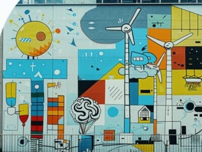 grafika przedstawia mural obrazujący miasto. są na nim między innymi wiatraki i elementy infrastruktury miejskiej. Styl muralowy lub grafiti.