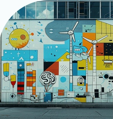 grafika przedstawia mural obrazujący miasto. są na nim między innymi wiatraki i elementy infrastruktury miejskiej. Styl muralowy lub grafiti.