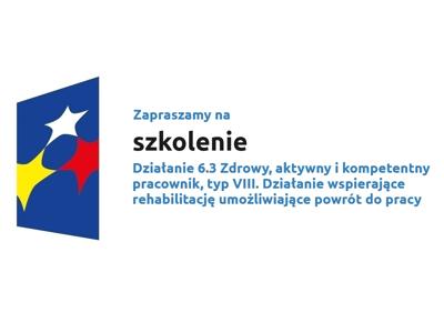 Logo w kształcie pionowo ustawionego rombu z trzema gwiazdkami wpisanymi w ten romb. Romb jest ciemnoniebieski, a gwiazdki są żółta, biała i czerwona. Do tego napis Zapraszamy na szkolenie Działanie 6.3 Zdrowy, aktywny i kompetentny pracownik, typ VIII. Działanie wspierające rehabilitację umożliwiające powrót do pracy, Programu Fundusze Europejskie dla Lubuskiego 2021-2027, Zielona Góra, 14.01.2025 r.