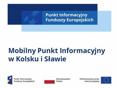 baner z napisem Mobilny Punkt Informacyjny w Kolsku i Sławie, 12.06.2025, u góry napis: Punkt Informacyjny Funduszy Europejskich, na dole logotypy unijne