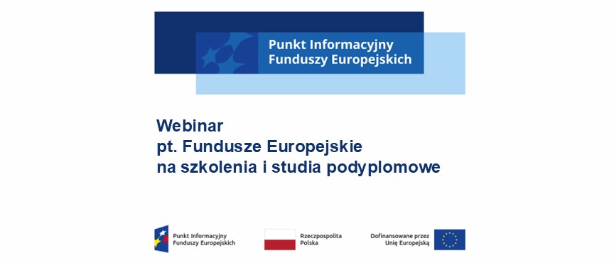 baner w kolorze białoniebieskim, z logotypami unii europejskiej z napisem zapraszającym na webinar
